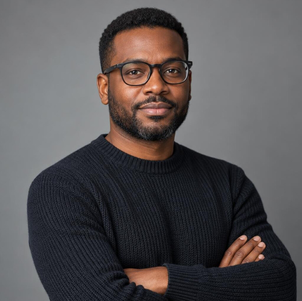 Studio portrait of a Black man in his late thirties wearing glasses and a knit sweater