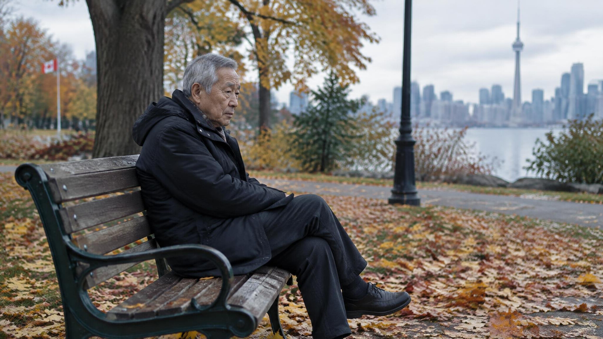 Elderly East Asian man sitting alone on a park bench surrounded by autumn leaves