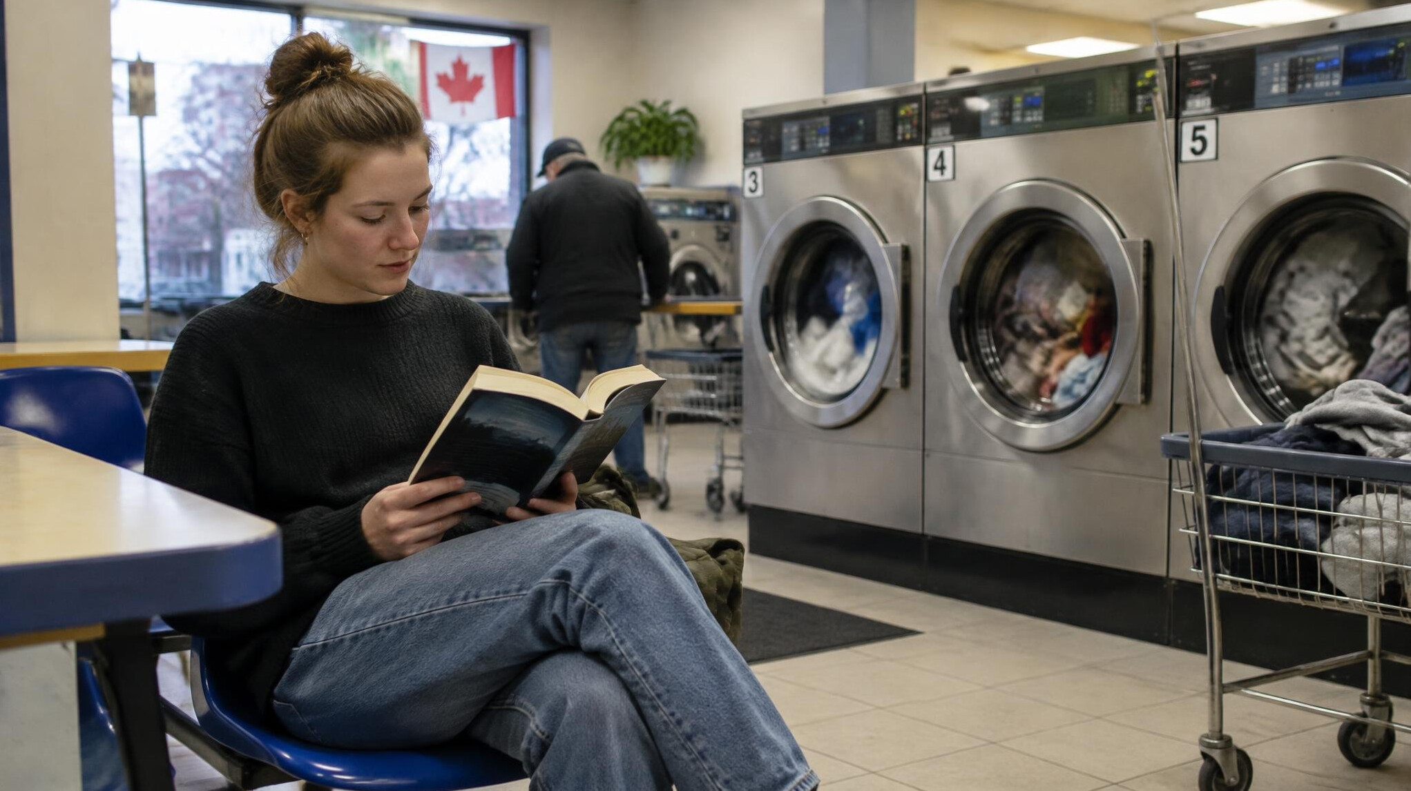 Young white woman reading a book while waiting inside a neighborhood laundromat